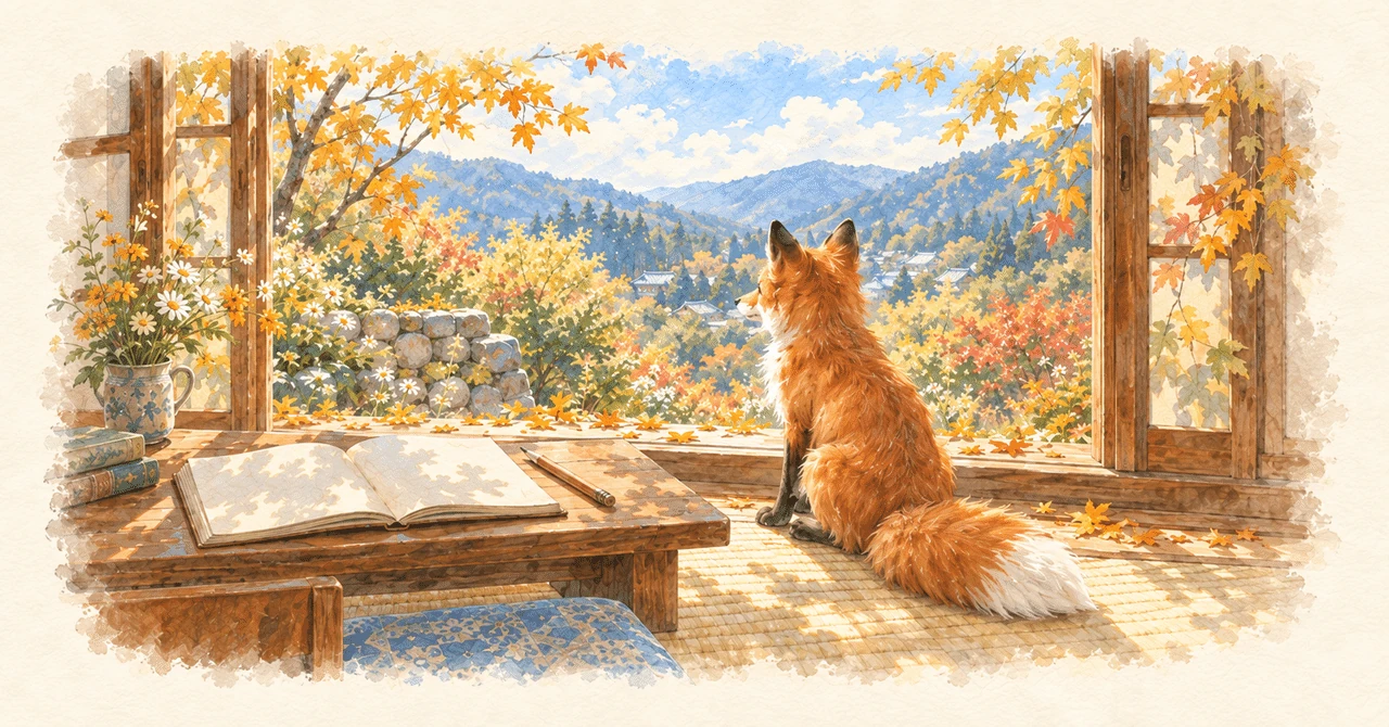 窓辺で手帖を開くきつね。ZINEの公開紹介イラスト