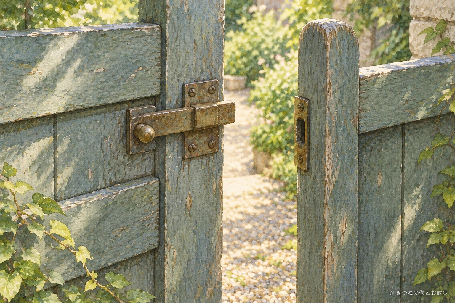 少し開いた青緑の木の門と、向こうに続く小道